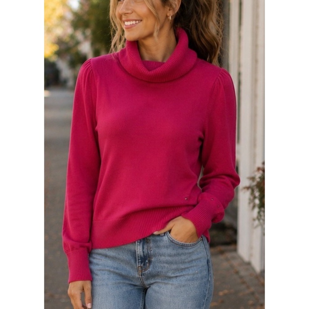 Tommy Hilfiger Womens Turtleneck Sweater Pink Large Puffed‎ Shoulder Knit Top